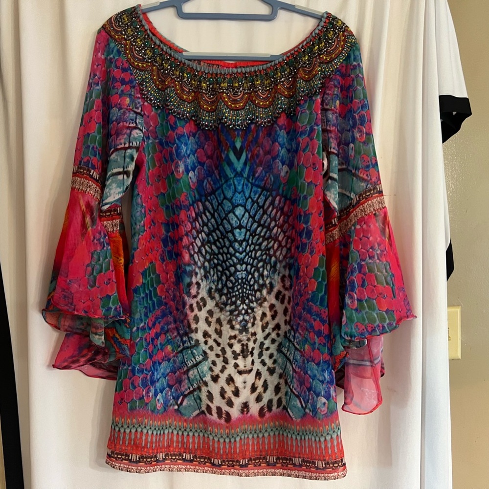 Ranees off the shoulder tunic top, size Large, multi vibrant colors!